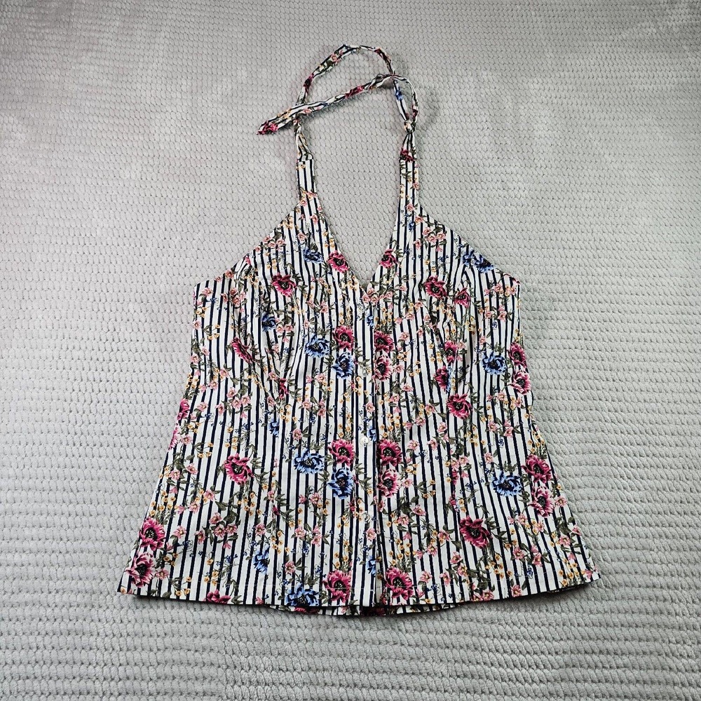 White House Black Market White Striped Floral Halter Tank Top